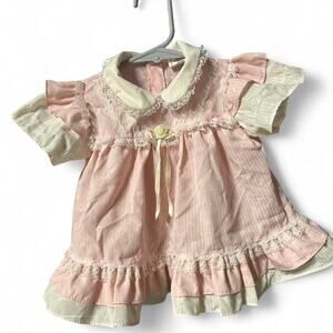 Vintage 80s 3-6 months baby girl apron style dress lace lined Peter Pan collar